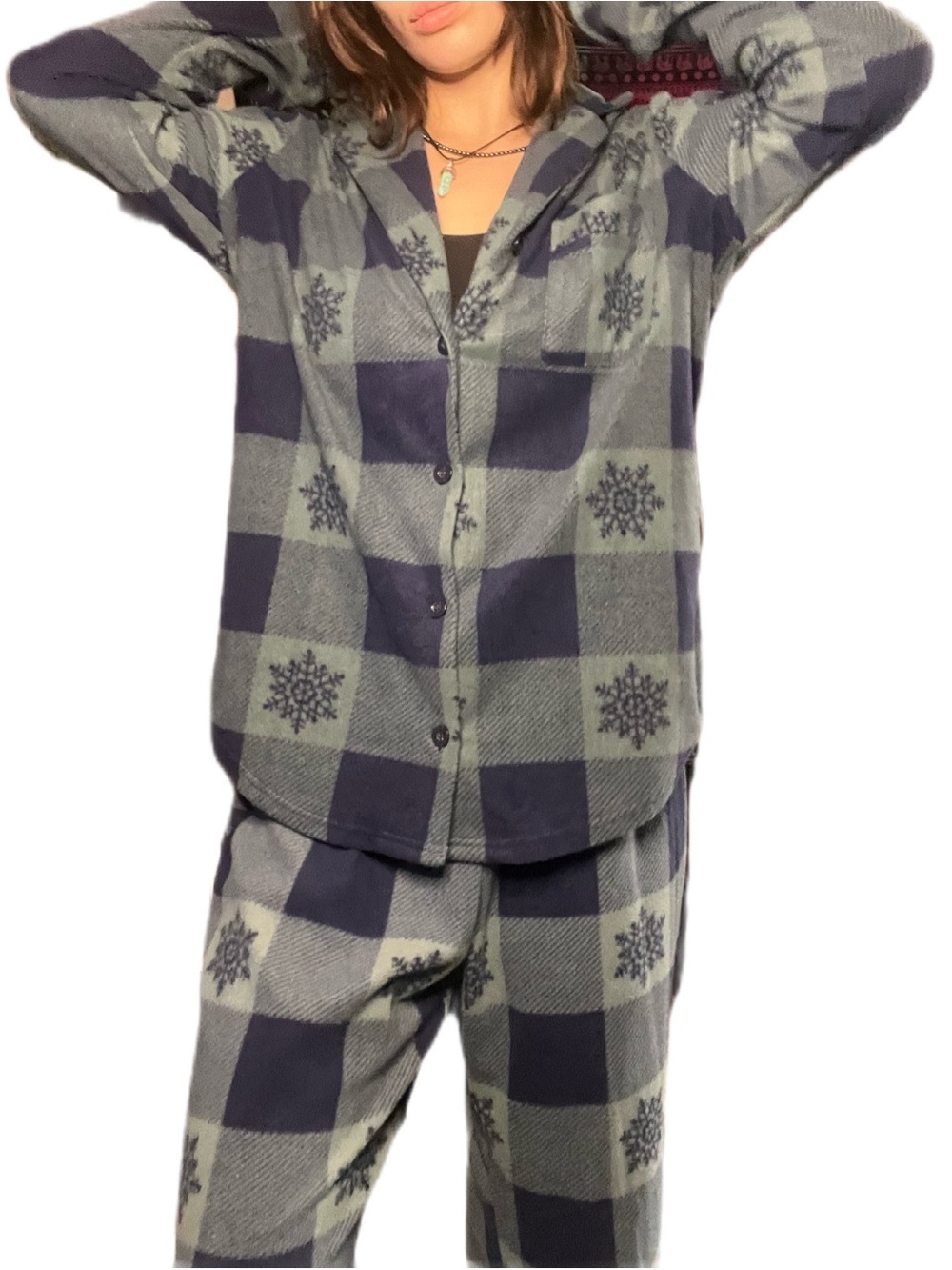 La Vie En Rose Green & Navy Plaid Snowflake Flannel Pajama Set | Cozy Button-Fro